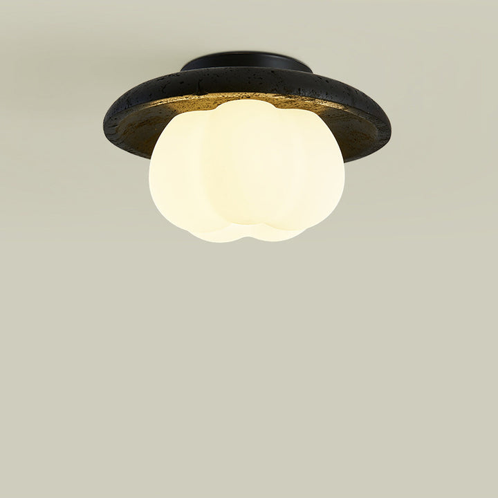 Lustre de plafond semi-encastré à 1 lumière en coton vintage traditionnel citrouille ronde avec matériel en pierre trou noir PE pour chambre 