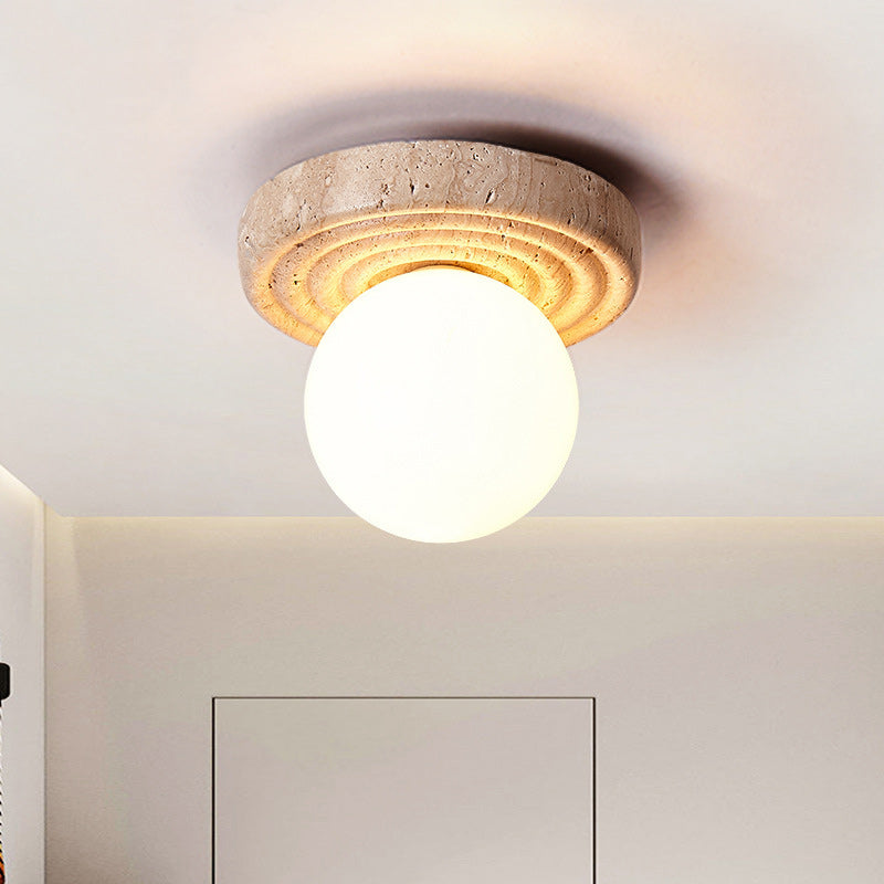 Plafonnier semi-encastré 1 lumière en verre beige travertin contemporain nordique rond plissé Magic Bean pour salon 