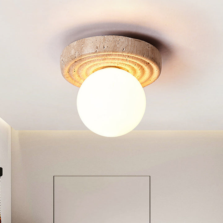 Plafonnier semi-encastré 1 lumière en verre beige travertin contemporain nordique rond plissé Magic Bean pour salon 