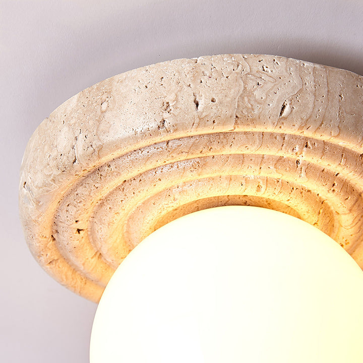 Plafonnier semi-encastré 1 lumière en verre beige travertin contemporain nordique rond plissé Magic Bean pour salon 