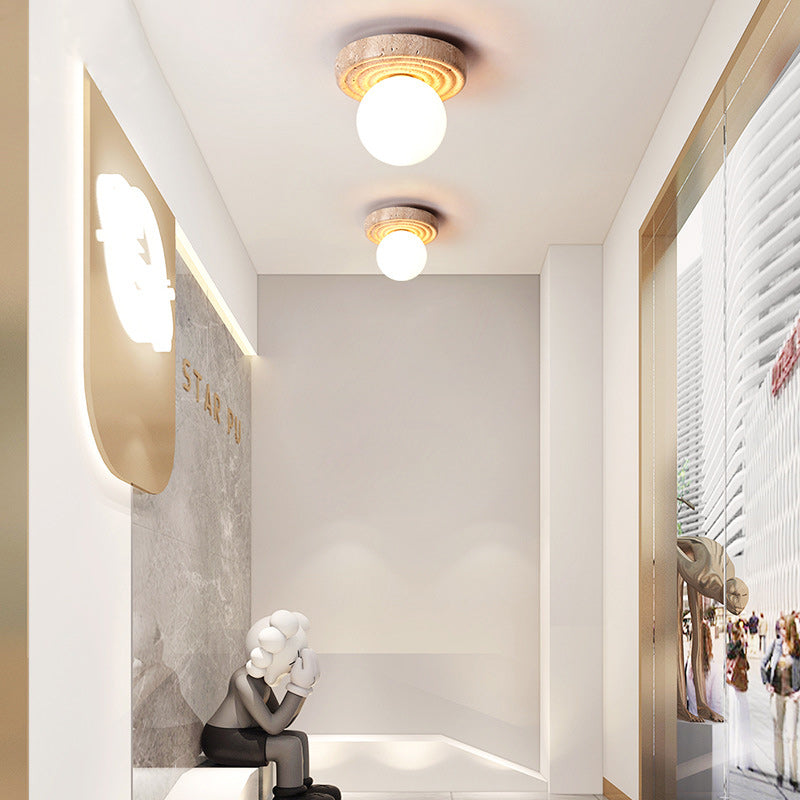 Plafonnier semi-encastré 1 lumière en verre beige travertin contemporain nordique rond plissé Magic Bean pour salon 