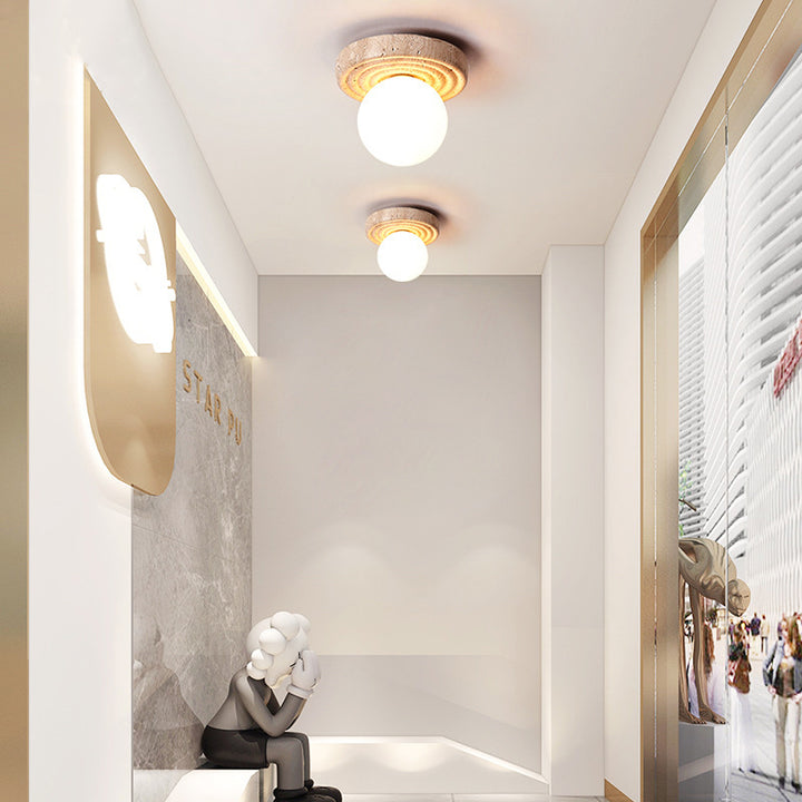 Plafonnier semi-encastré 1 lumière en verre beige travertin contemporain nordique rond plissé Magic Bean pour salon 