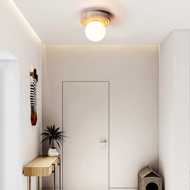 Plafonnier semi-encastré 1 lumière en verre beige travertin contemporain nordique rond plissé Magic Bean pour salon 