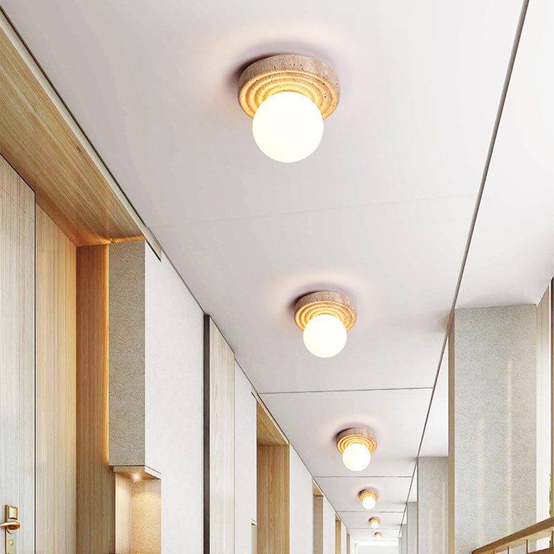 Plafonnier semi-encastré 1 lumière en verre beige travertin contemporain nordique rond plissé Magic Bean pour salon 