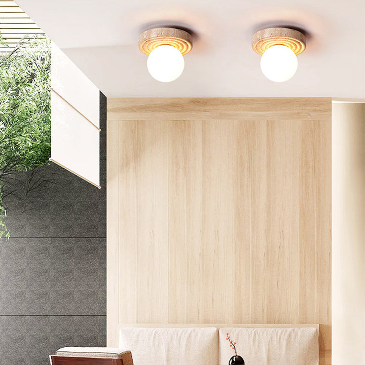 Plafonnier semi-encastré 1 lumière en verre beige travertin contemporain nordique rond plissé Magic Bean pour salon 