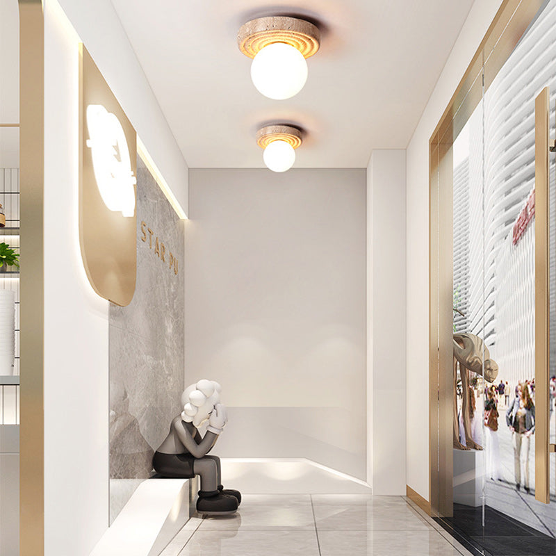 Plafonnier semi-encastré 1 lumière en verre beige travertin contemporain nordique rond plissé Magic Bean pour salon 