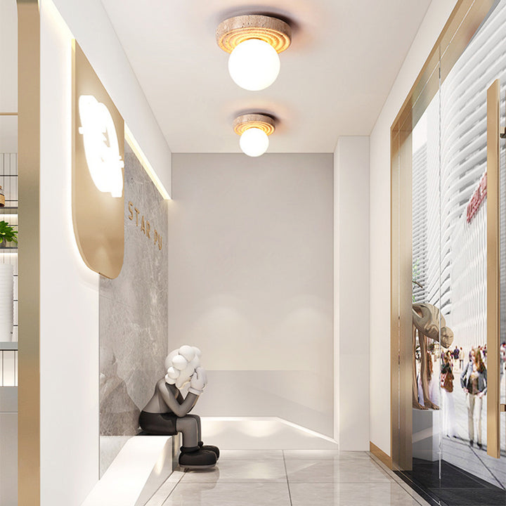 Plafonnier semi-encastré 1 lumière en verre beige travertin contemporain nordique rond plissé Magic Bean pour salon 