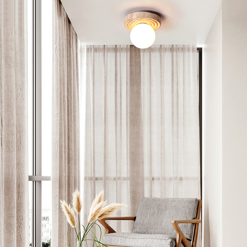 Plafonnier semi-encastré 1 lumière en verre beige travertin contemporain nordique rond plissé Magic Bean pour salon 