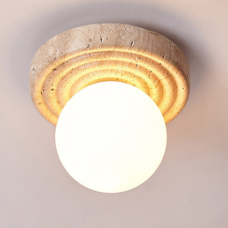 Plafonnier semi-encastré 1 lumière en verre beige travertin contemporain nordique rond plissé Magic Bean pour salon 