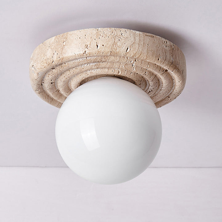 Plafonnier semi-encastré 1 lumière en verre beige travertin contemporain nordique rond plissé Magic Bean pour salon 