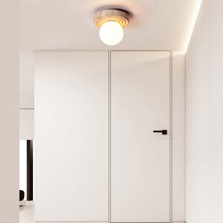 Plafonnier semi-encastré 1 lumière en verre beige travertin contemporain nordique rond plissé Magic Bean pour salon 