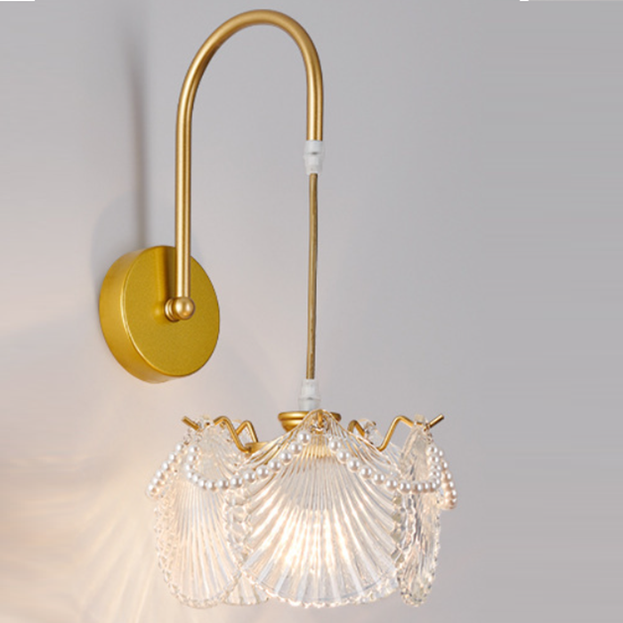 Traditional French Round Feather Shell Pearl Glass Hardware 1-Light Wall Sconce Lamp For Bedroom