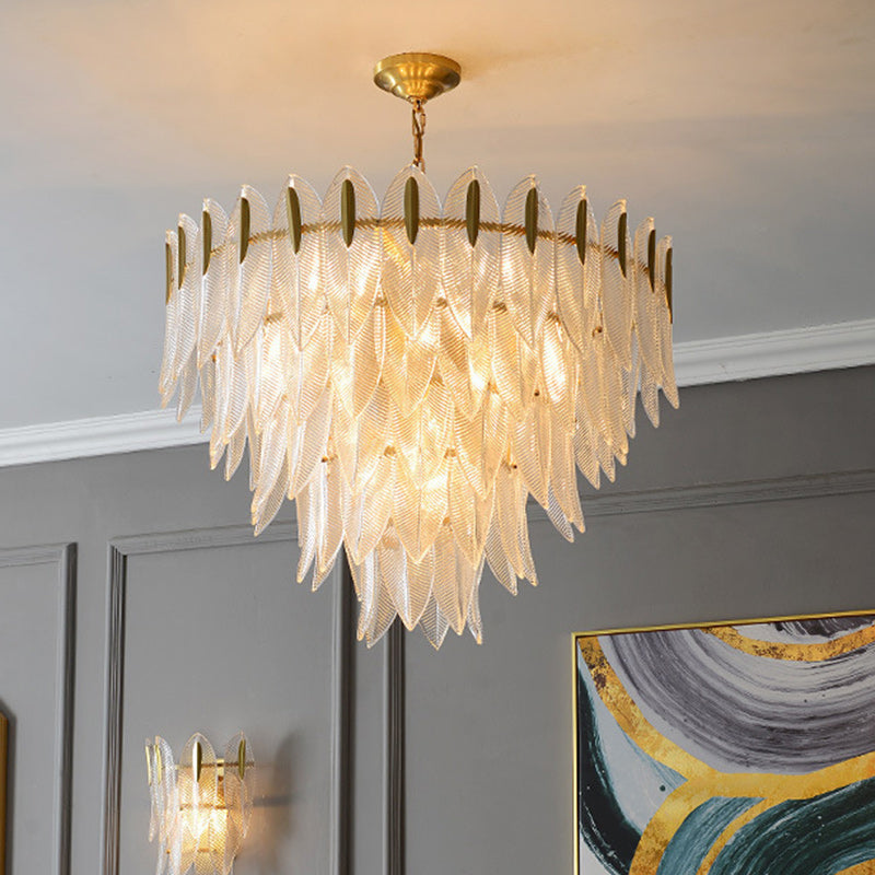 Contemporary Creative Feather Round Layered Glass Metal 6/9/12 Light Chandelier For Living Room
