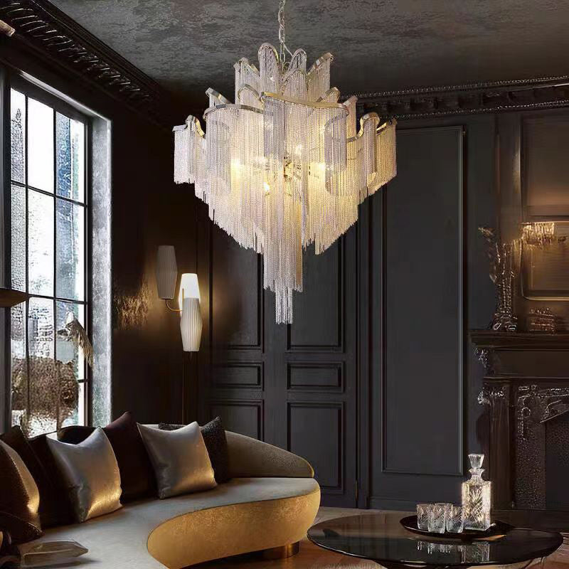 Lustre en aluminium et fer à couches traditionnelles avec frange française, 4/9/14 lumières pour salon 