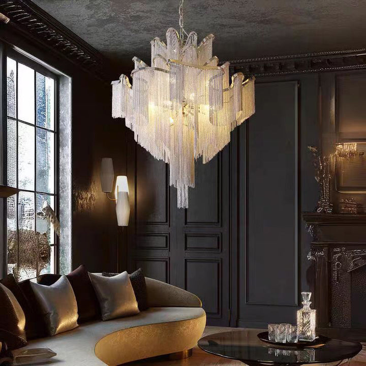Lustre en aluminium et fer à couches traditionnelles avec frange française, 4/9/14 lumières pour salon 