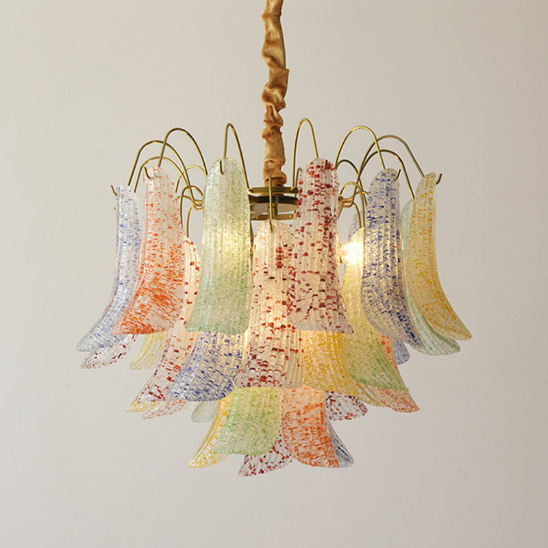 Lustre traditionnel français à branches courbées avec plumes en verre et fer, 5/6 lumières pour salon 