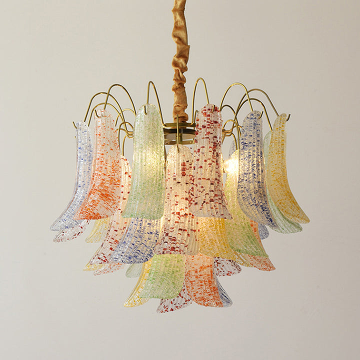 Lustre traditionnel français à branches courbées avec plumes en verre et fer, 5/6 lumières pour salon 