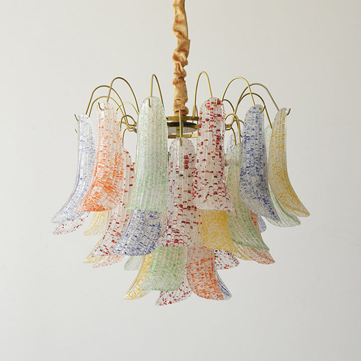 Lustre traditionnel français à branches courbées avec plumes en verre et fer, 5/6 lumières pour salon 