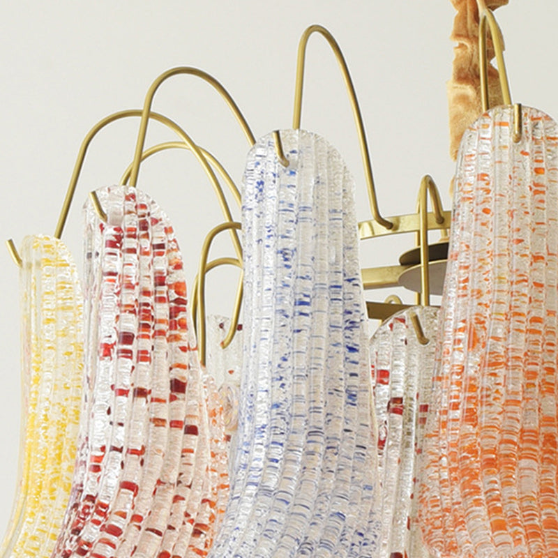 Lustre traditionnel français à branches courbées avec plumes en verre et fer, 5/6 lumières pour salon 