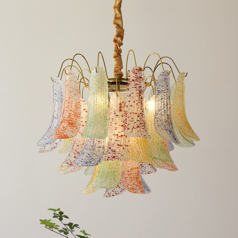 Lustre traditionnel français à branches courbées avec plumes en verre et fer, 5/6 lumières pour salon 
