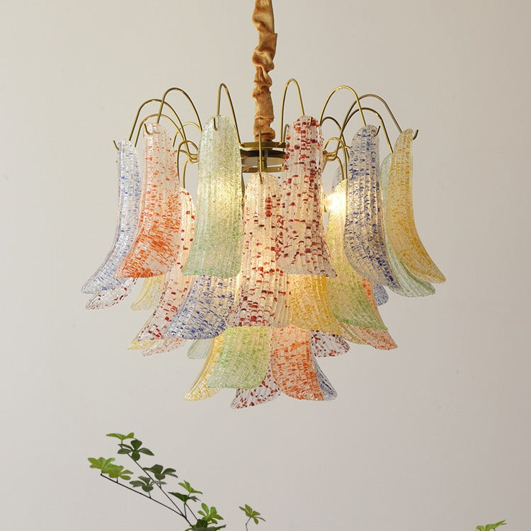 Lustre traditionnel français à branches courbées avec plumes en verre et fer, 5/6 lumières pour salon 