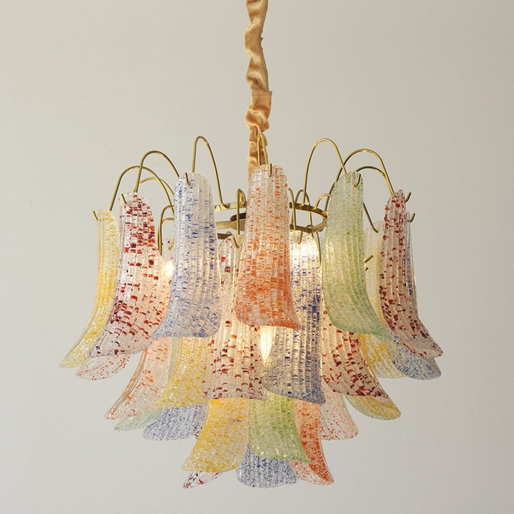 Lustre traditionnel français à branches courbées avec plumes en verre et fer, 5/6 lumières pour salon 