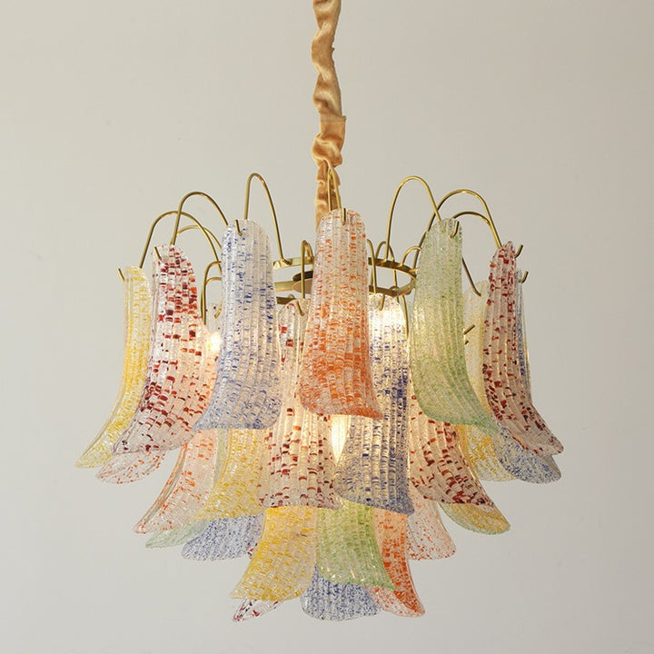 Lustre traditionnel français à branches courbées avec plumes en verre et fer, 5/6 lumières pour salon 