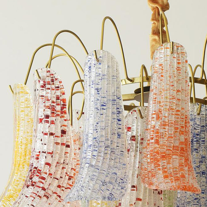 Lustre traditionnel français à branches courbées avec plumes en verre et fer, 5/6 lumières pour salon 