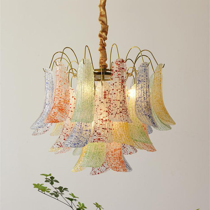 Lustre traditionnel français à branches courbées avec plumes en verre et fer, 5/6 lumières pour salon 