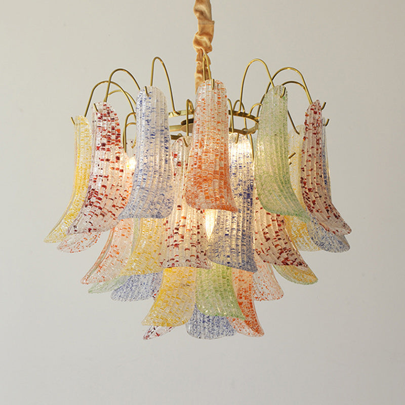 Lustre traditionnel français à branches courbées avec plumes en verre et fer, 5/6 lumières pour salon 