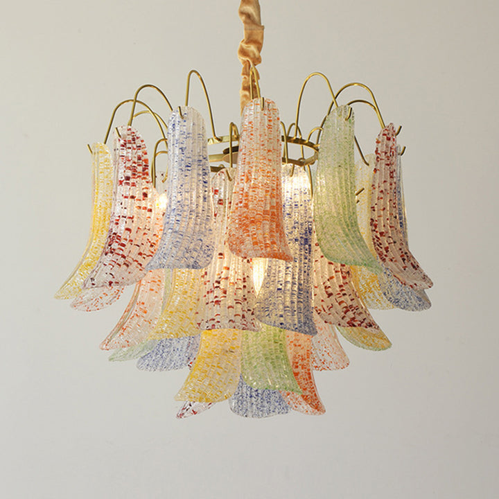 Lustre traditionnel français à branches courbées avec plumes en verre et fer, 5/6 lumières pour salon 