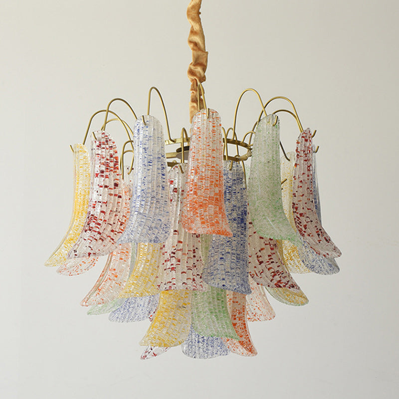 Lustre traditionnel français à branches courbées avec plumes en verre et fer, 5/6 lumières pour salon 