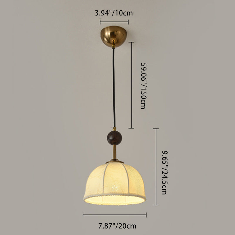 Lustre suspendu à 1 lumière en tissu orbe demi-rond chinois traditionnel avec bois massif et fer pour salon 