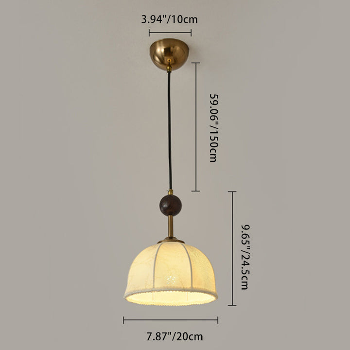 Lustre suspendu à 1 lumière en tissu orbe demi-rond chinois traditionnel avec bois massif et fer pour salon 