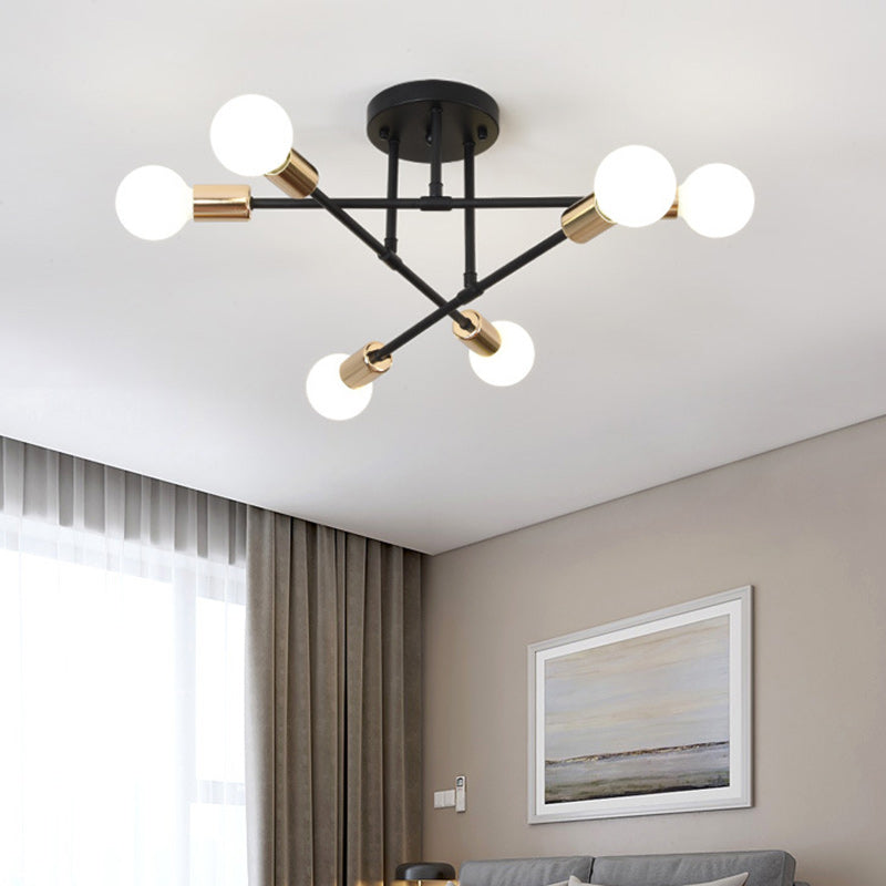 Plafonnier semi-encastré contemporain nordique en fer à cylindre croisé rond à 6 lumières pour salon 