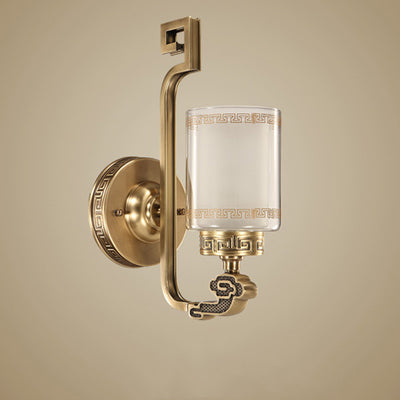 Applique murale traditionnelle chinoise en laiton avec verre courbé en cylindre 1 lumière pour chambre 