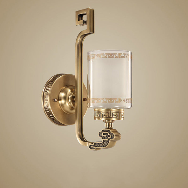 Applique murale traditionnelle chinoise en laiton avec verre courbé en cylindre 1 lumière pour chambre 