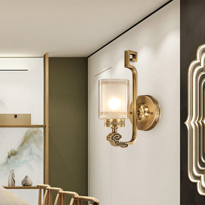 Applique murale traditionnelle chinoise en laiton avec verre courbé en cylindre 1 lumière pour chambre 