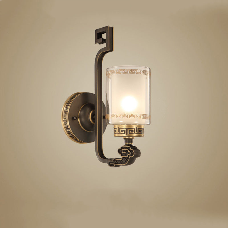 Applique murale traditionnelle chinoise en laiton avec verre courbé en cylindre 1 lumière pour chambre 