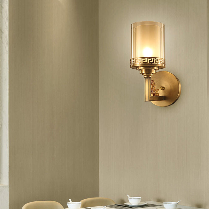 Applique murale traditionnelle chinoise en laiton avec verre courbé en cylindre 1 lumière pour chambre 