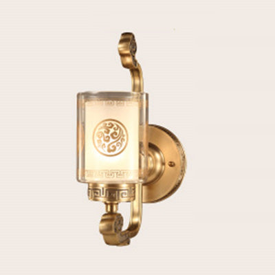 Applique murale traditionnelle chinoise en laiton avec verre courbé en cylindre 1 lumière pour chambre 