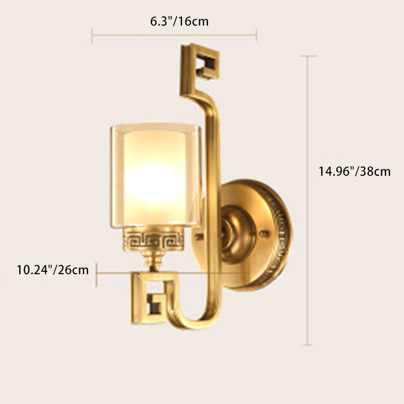 Applique murale traditionnelle chinoise en laiton avec verre courbé en cylindre 1 lumière pour chambre 
