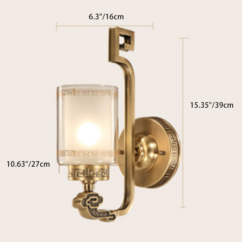 Applique murale traditionnelle chinoise en laiton avec verre courbé en cylindre 1 lumière pour chambre 