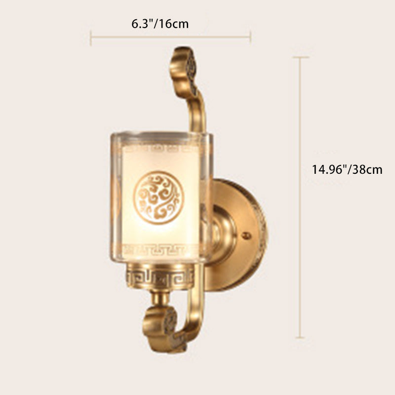 Applique murale traditionnelle chinoise en laiton avec verre courbé en cylindre 1 lumière pour chambre 