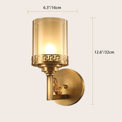 Applique murale traditionnelle chinoise en laiton avec verre courbé en cylindre 1 lumière pour chambre 