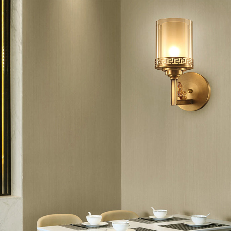 Applique murale traditionnelle chinoise en laiton avec verre courbé en cylindre 1 lumière pour chambre 