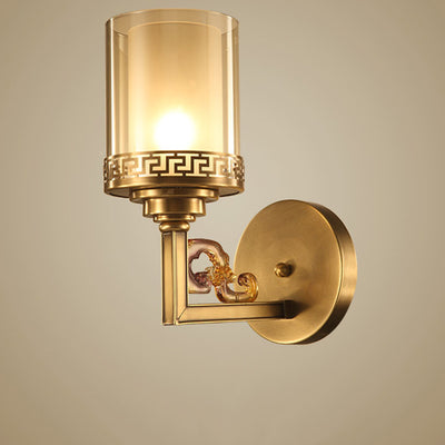 Applique murale traditionnelle chinoise en laiton avec verre courbé en cylindre 1 lumière pour chambre 