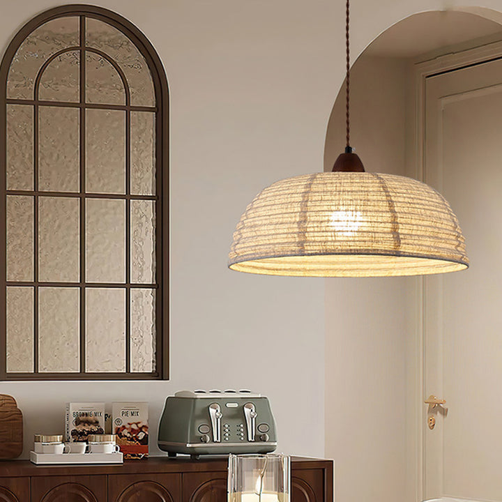 Luminaire suspendu à 1 lumière en tissu rond japonais traditionnel avec matériel en bois de frêne pour salon 