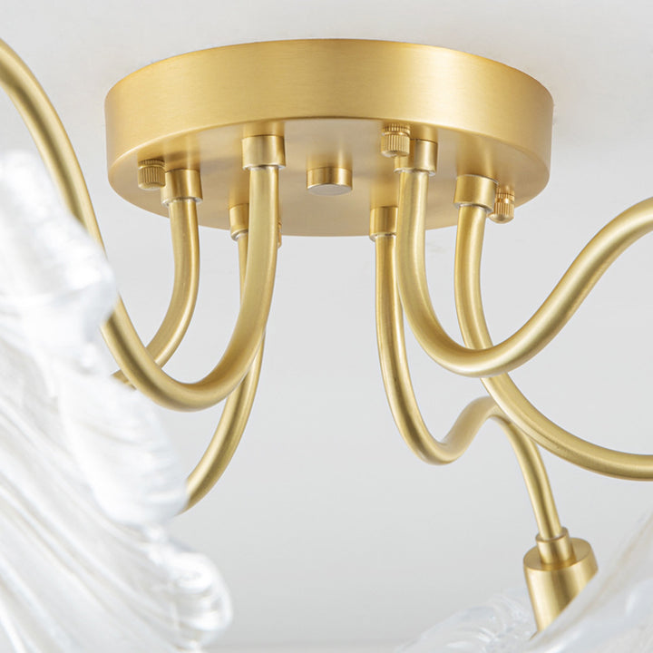 Lustre Plafonnier Semi-Encastré Traditionnel Français en Cuivre avec Verre Rond et Branches de Trompette 3/5/6 Lumières pour Salon 