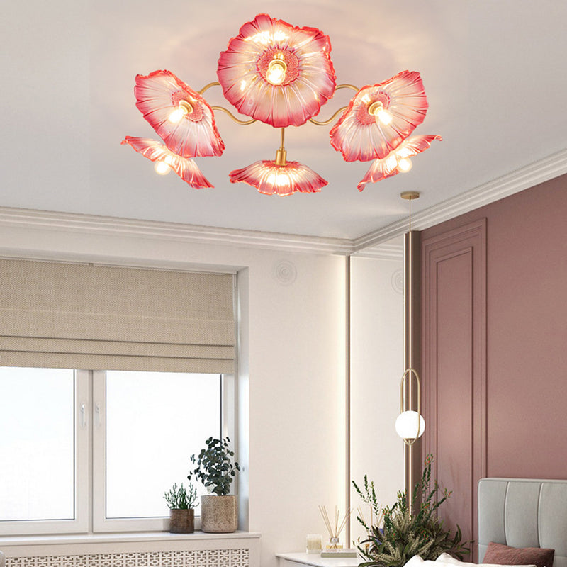 Lustre Plafonnier Semi-Encastré Traditionnel Français en Cuivre avec Verre Rond et Branches de Trompette 3/5/6 Lumières pour Salon 
